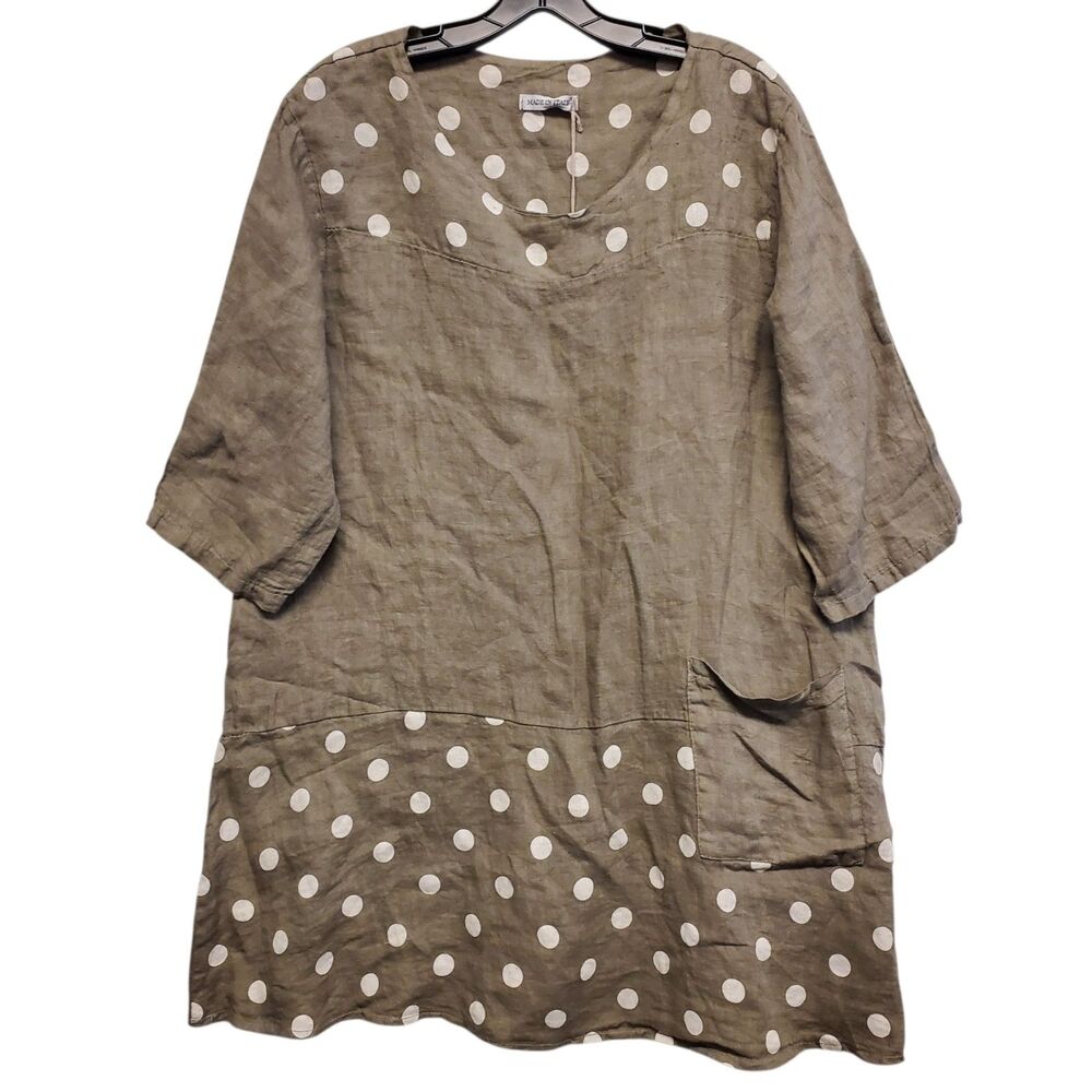 SHYLOH Dress Womens One Size Beige Tunic Polka-Dot Linen Cottagecore Minimalist